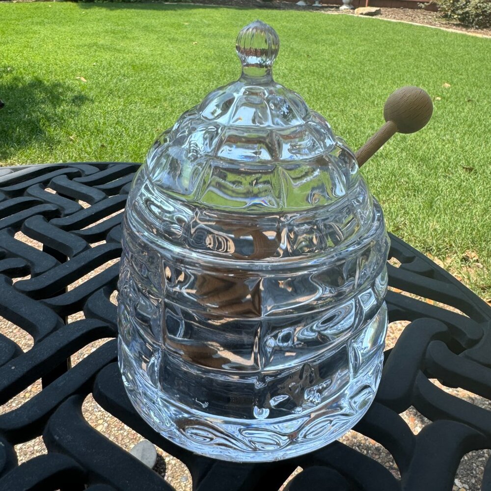 Studio Crystal Honey Jar Beehive Honey Dish With Dipper Embossed Honeybees